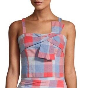 Parker Womens Crop Top XS Clementina Blue Red Plaid‎ Check Smocked Linen Top NWT